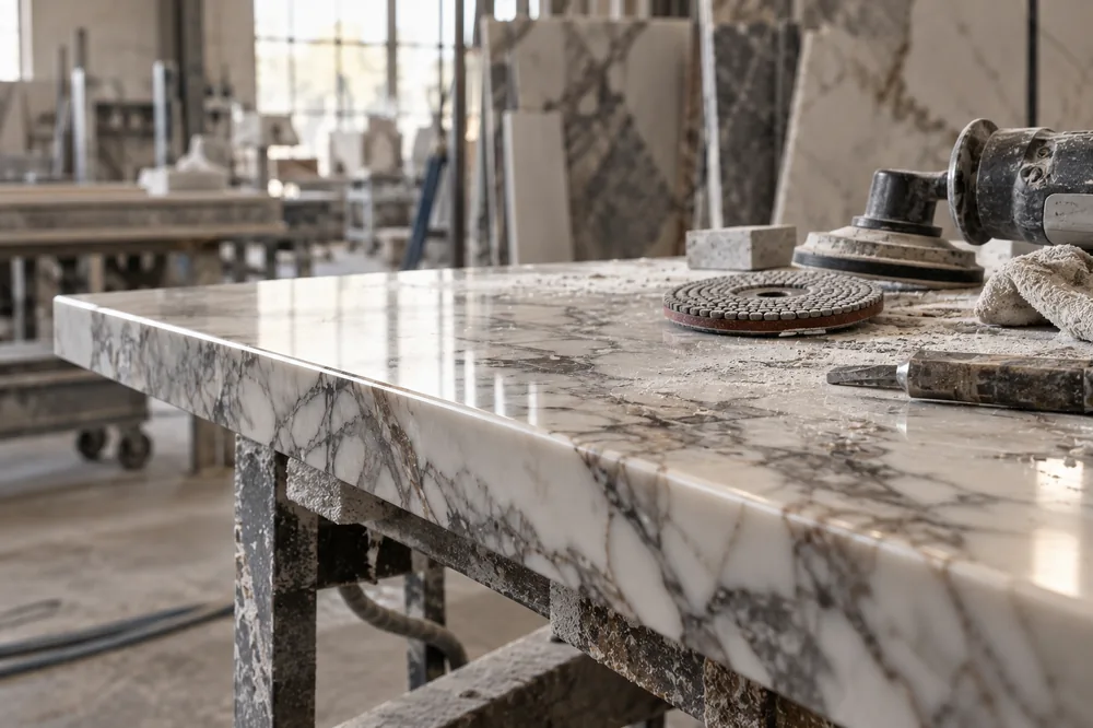 Damas Stone stone worktop being finished in the workshop